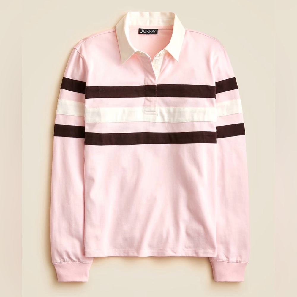 New J. Crew Premium-Weight Classic Rugby Shirt in Pink W/ Stripes Small $98